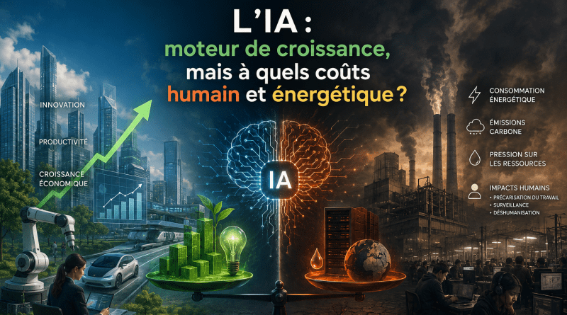 Chronique Eco —————————————————————————- L’IA : moteur de croissance, mais à quels coûts humain et énergétique ?