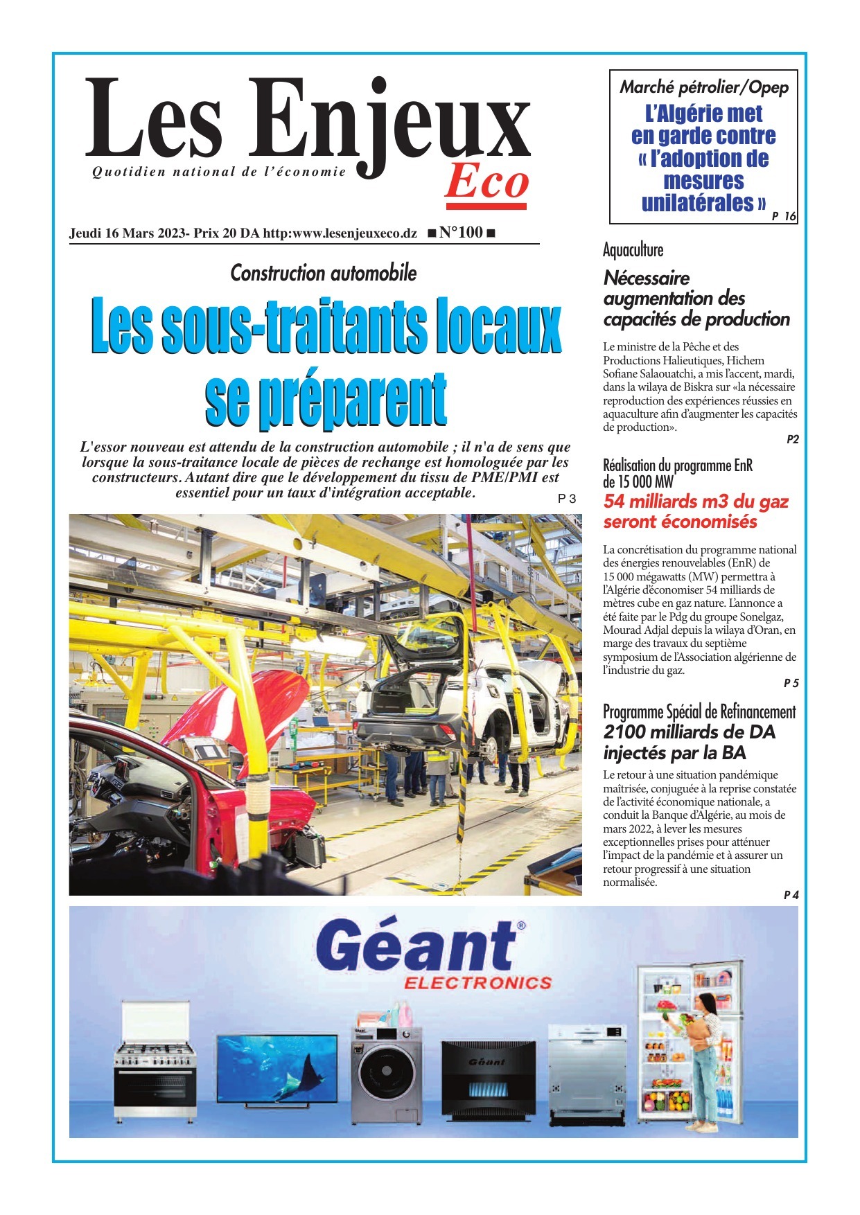 Une du journal Les Enjeux Eco numéro 100
